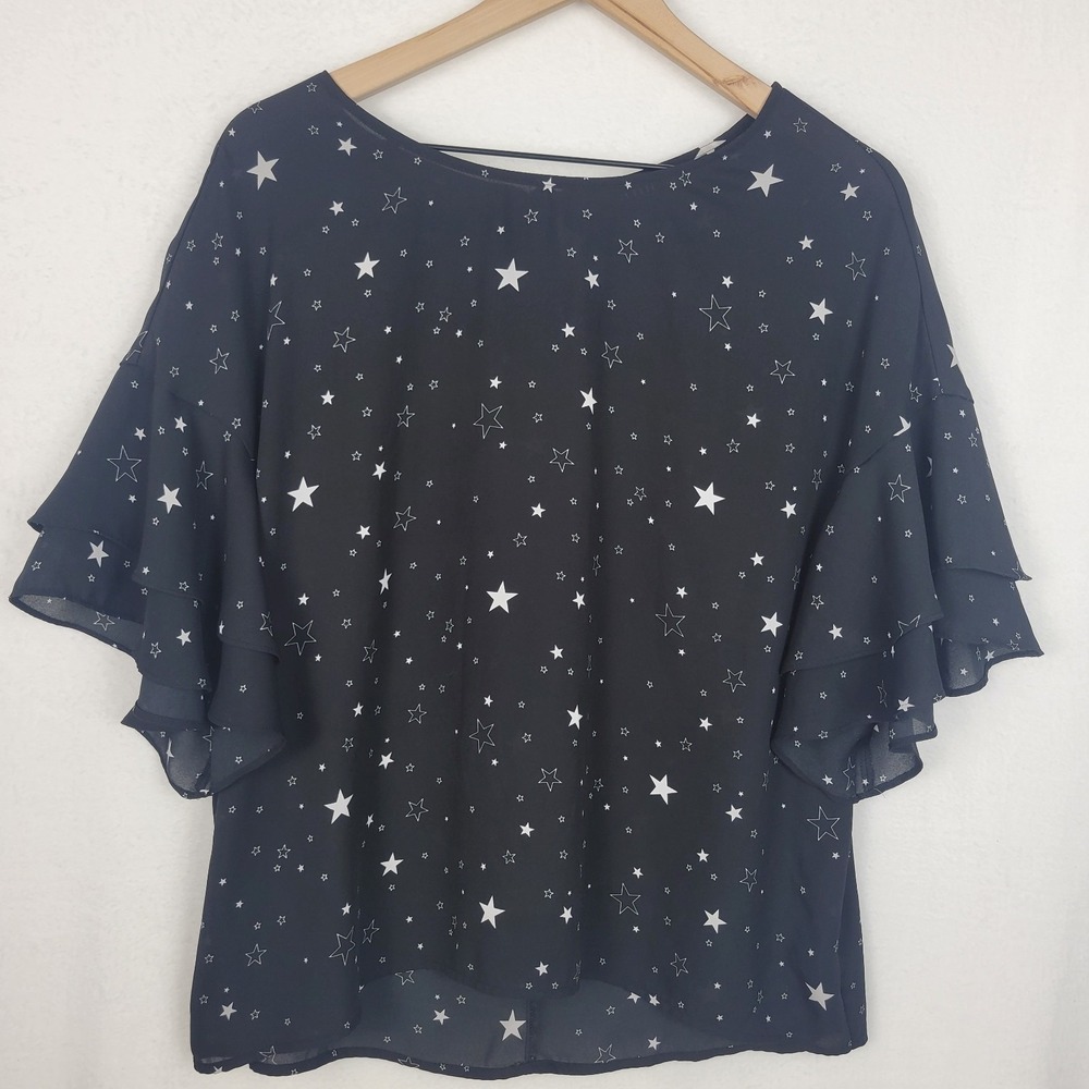 a.n.a Star Print Blouse Womens‎ L Black Sheer Tie Back Celestial Boho Whimsigoth